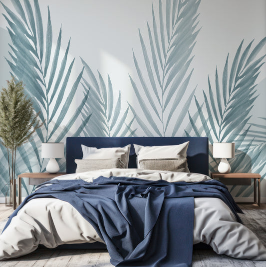 Raffia Blue Wallpaper In Bedroom With Navy Blue Bed And Large Green Plant