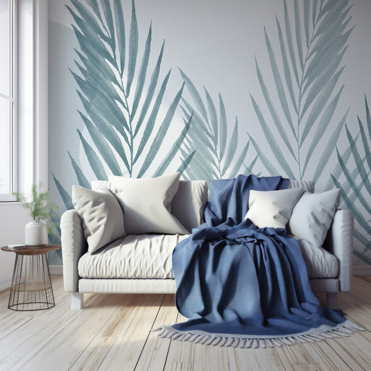 Raffia Blue Wallpaper In Living Room With Wooden Floor, Windows, Plants And Large Blue Sofa