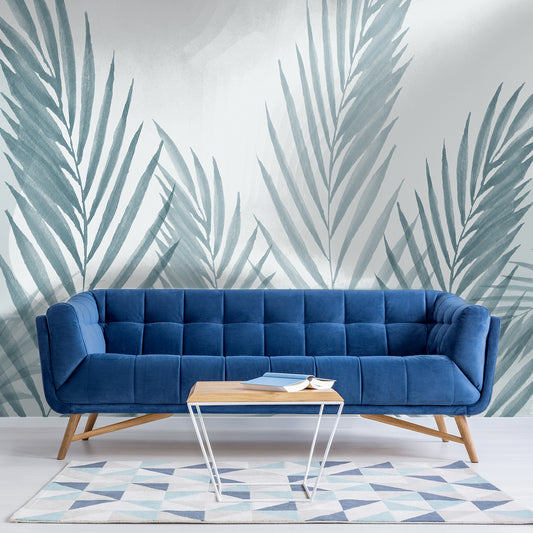 Raffia Blue Wallpaper Mural In Living Room With Blue Sofa