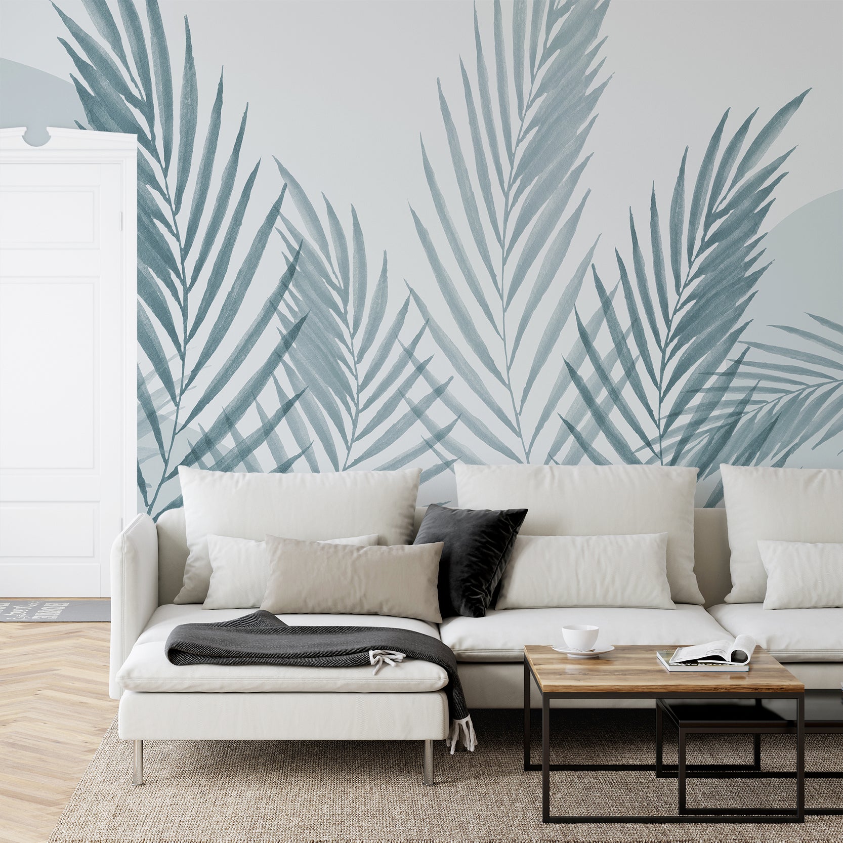 Wall Mural - Watercolour Blue Minimalistic Leaves - Removable Wallpaper (Peel & Stick) - Made to Measure