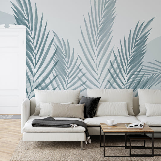 Raffia Blue Wallpaper Mural In Living Room With White Sofa