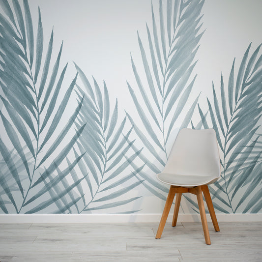 Raffia Blue Wallpaper Mural In Room With Grey Chair