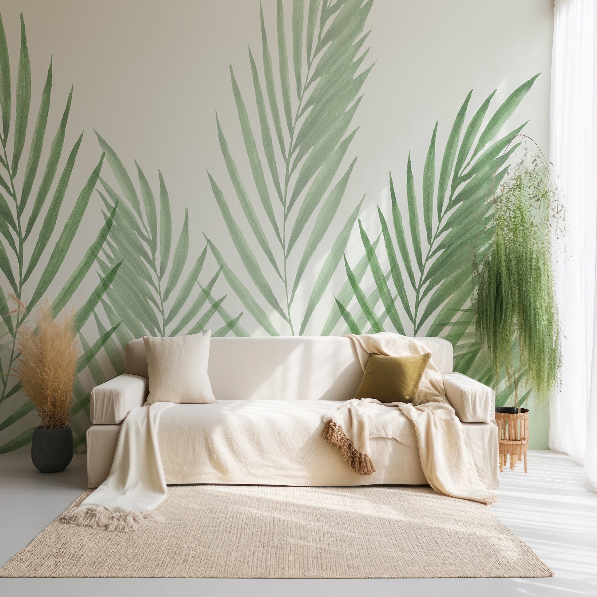 Wall Mural - Watercolour Green Minimalistic Leaves - Traditional Wallpaper (Paste-the-wall) - Made to Measure