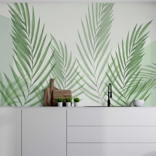 Raffia Green Wallpaper Mural In Kitchen With White Worktops