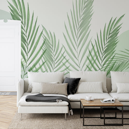 Raffia Green Wallpaper Mural In Living Room With White Sofa