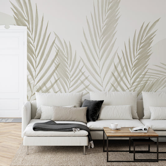 Raffia Greige Wallpaper Mural In Living Room With White Sofa