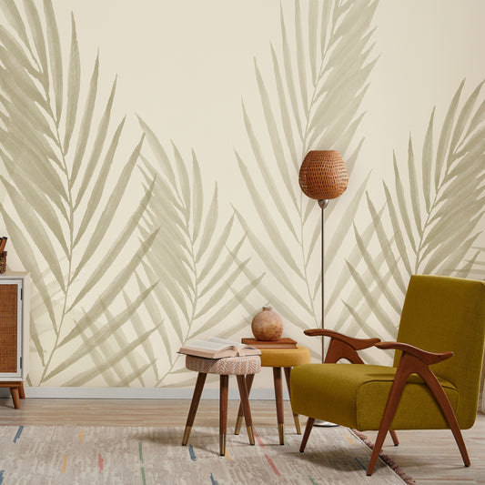 Raffia Greige Wallpaper Mural In Living Room With With Yellow Chair