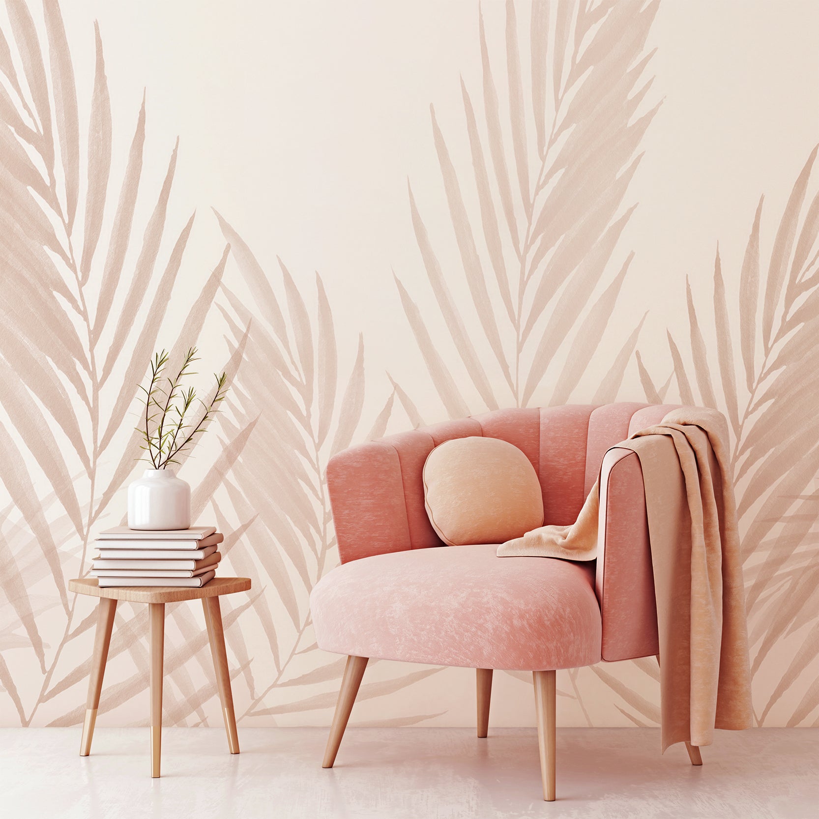 Wall Mural - Watercolour Pink Minimalistic Leaves - Traditional Wallpaper (Paste-the-wall) - Made to Measure