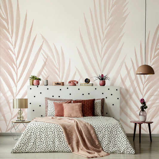 Raffia Pink Wallpaper Mural In Ladies Bedroom With Polka Dot Bed