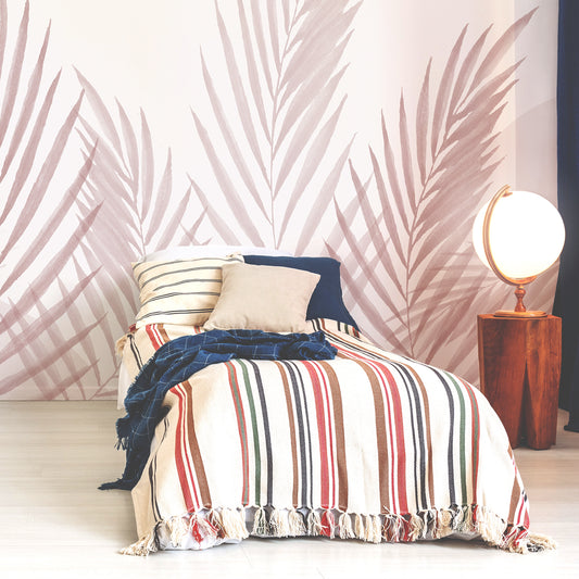 Raffia Red Wallpaper Mural In Bedroom With Single Stripy Bed
