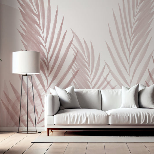 Raffia Red Wallpaper Mural In Living Room With White Sofa & Lamps