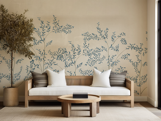 Modern living room with a wooden sofa, coffee table, and decorative wall art.