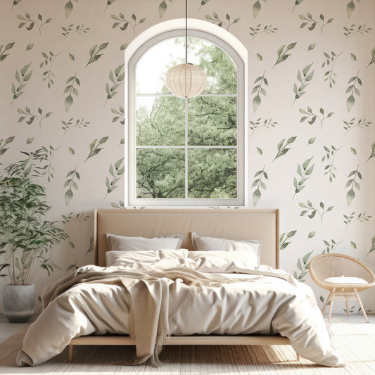 Refreshing Leafscape Beige Bedroom With Beige Bed With 4 Pillows And Arch Open Window With Green Trees In The Background