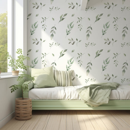 Refreshing Leafscape In Kid's Bedroom With Green Single Bed With Stripy Cushions And Light Coming Into Room
