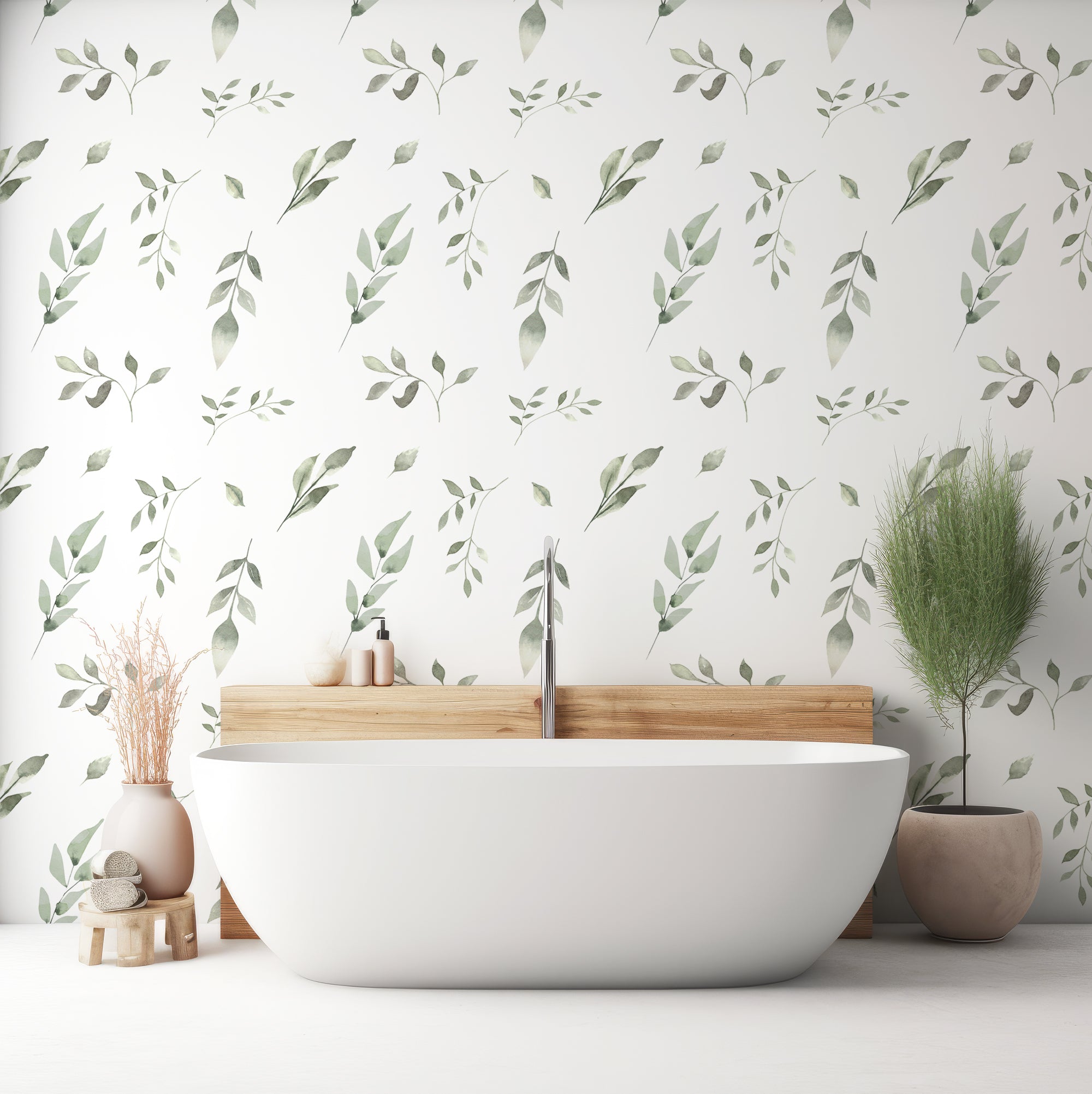 Wall Mural - Watercolour Green Leaf Botanical Wallpaper - Removable Wallpaper (Peel & Stick) - Made to Measure