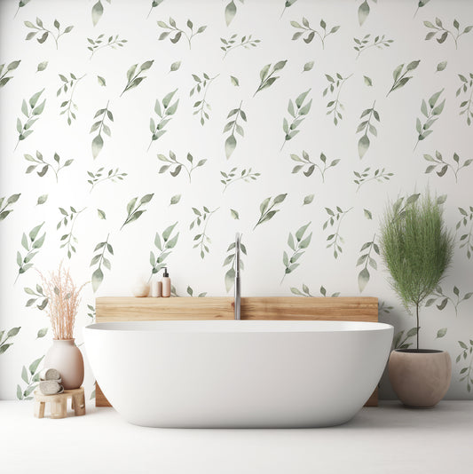 Refreshing Leafscape Wallpaper In Bathroom With White Bathtub And Green & Beige Plants With Wooden Backing