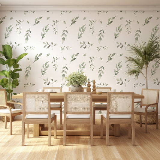 Refreshing Leafscape Wallpaper In Dining Room With Wooden Table And Chairs
