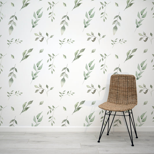 Refreshing Leafscape Wallpaper In Room With Woven Wooden Chair