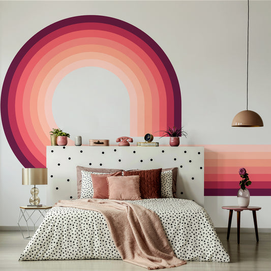 Retro Spiral Mural Pink in Ladies Bedroom With Pink & Black Polka Dot Bed With Green Plants