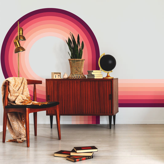 Retro Spiral Mural Pink in Lounge With Wooden Cabinet & Black Globe With Golden Accents
