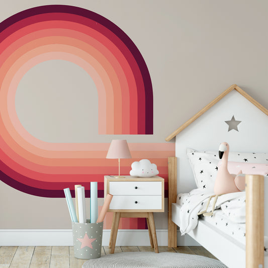 Retro Spiral Mural Pink in childs bedroom with star bedding and pink flamingo plush toy