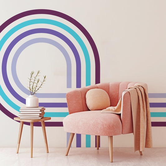 Retro Spiral Mural Purple in living room with big pink chair