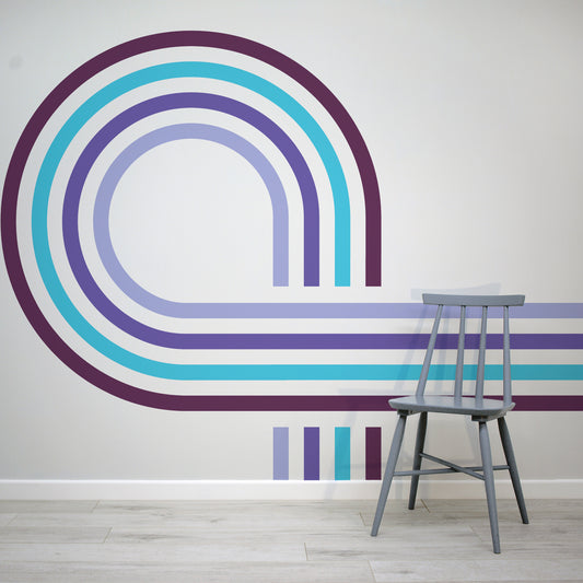 Retro Spiral Mural Purple in living room with grey bluish char