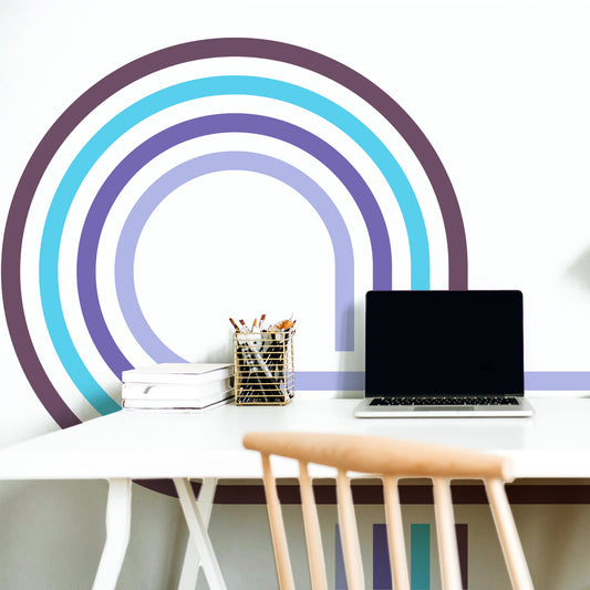 Retro Spiral Mural Purple in study room with white desk and laptop