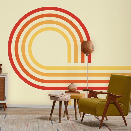 Retro Spiral Mural Reds Wallpaper in living room with yellow chair and stools