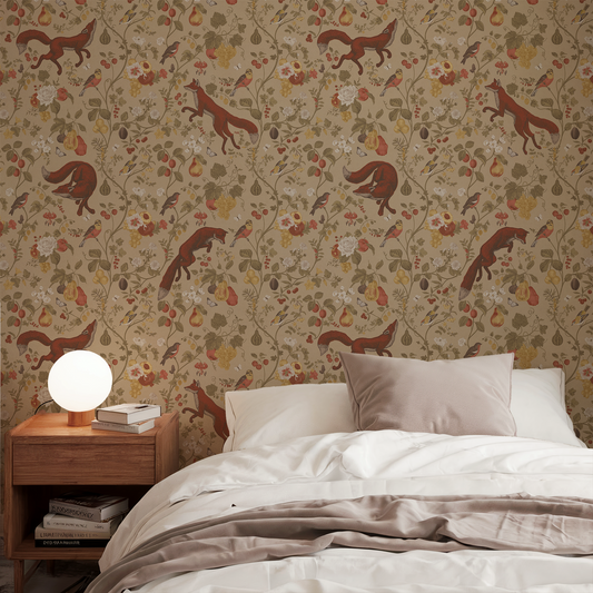 Bedroom with floral wallpaper featuring foxes, a bed with white bedding, and a wooden nightstand.