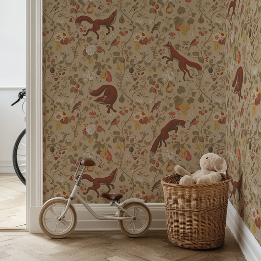 Children's room with floral wallpaper, toy bike, and basket with teddy bear.
