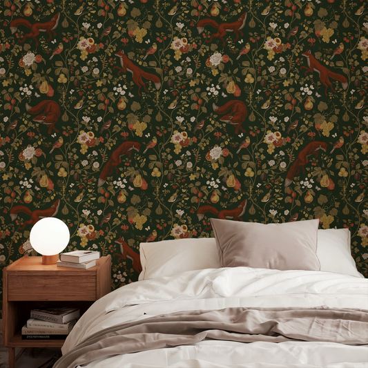 Bedroom with floral and animal wallpaper, wooden nightstand, and bed with white bedding.