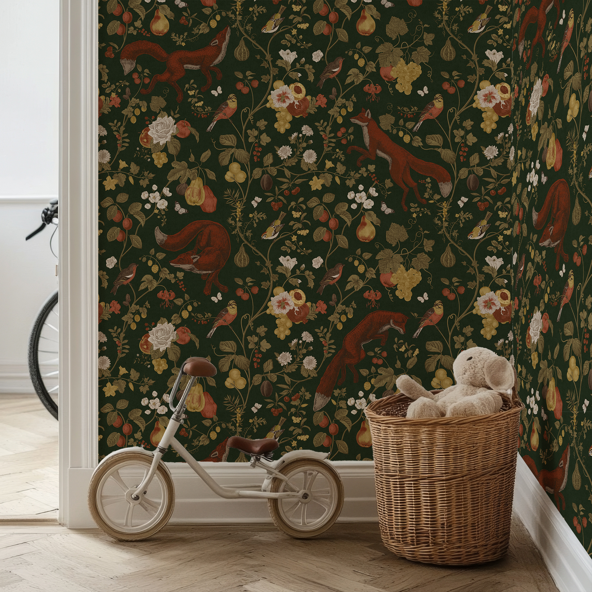 Wall Mural - Autumnal Forest Green Fox Botanical Pattern - Removable Wallpaper (Peel & Stick) - Made to Measure