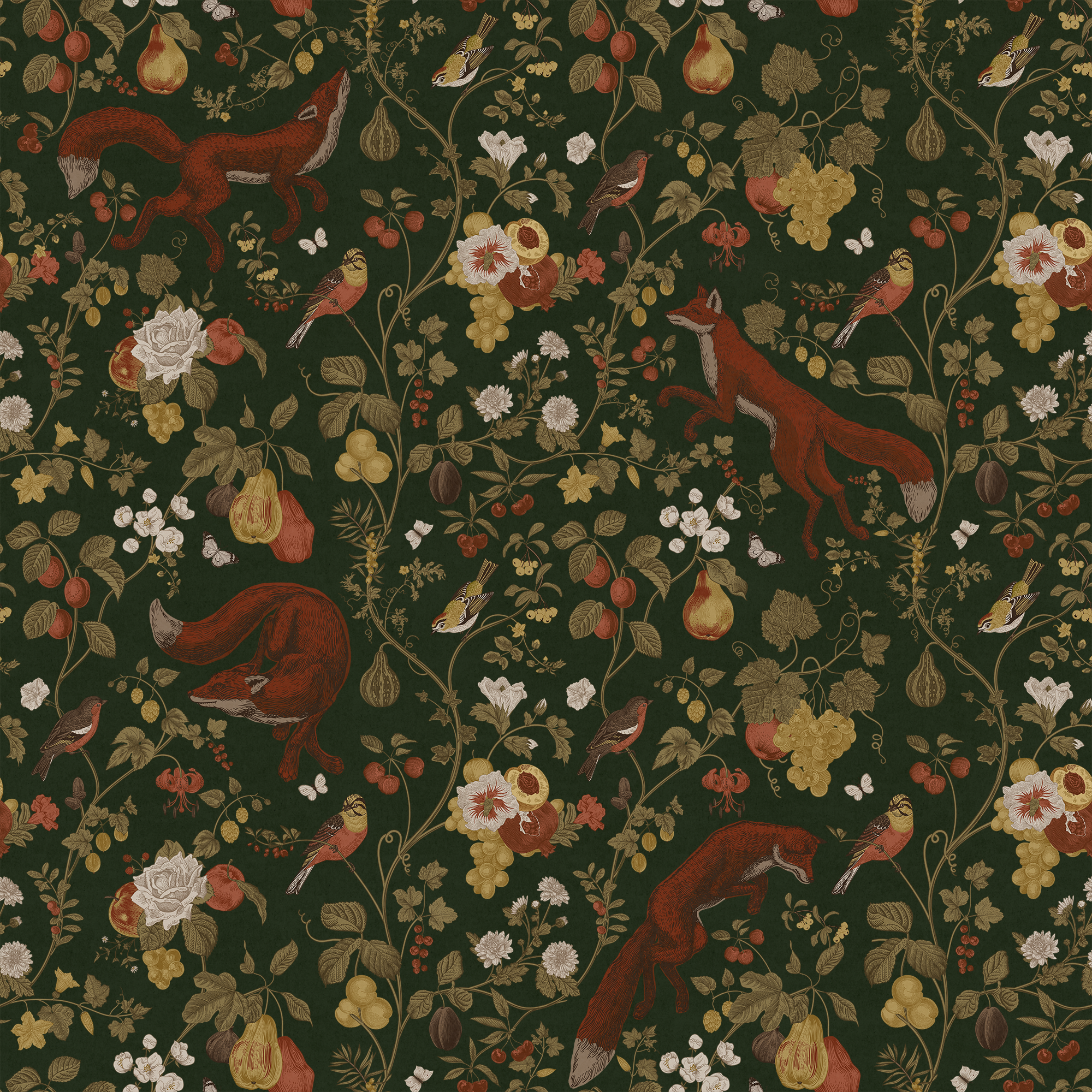 Patterned Wallpaper with foxes, birds, and flowers on a dark green background