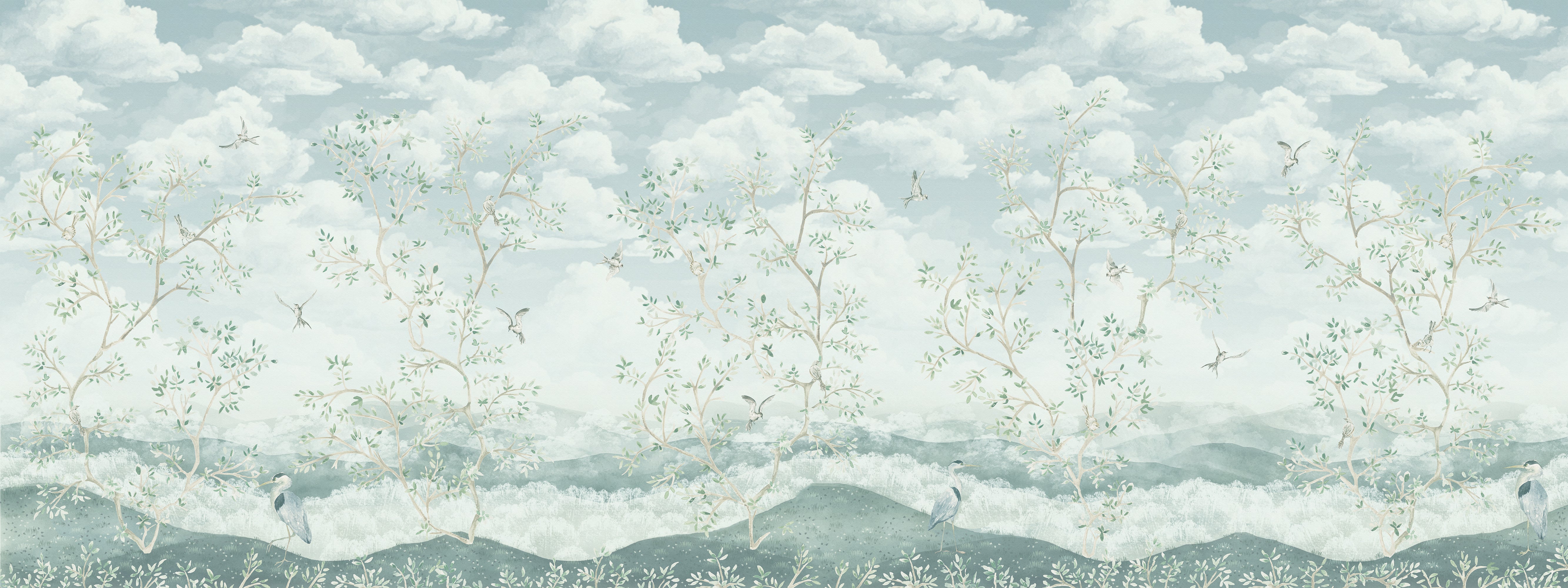 Scenic wallpaper with trees, mountains, and clouds on a light blue background