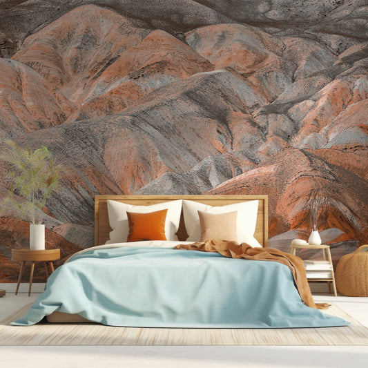 Bedroom with a large mountain mural on the wall