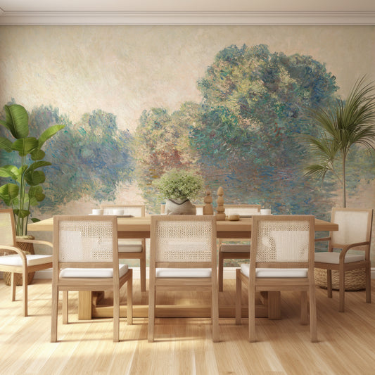 Riverbank Reflections Claude Monet The Seine Wallpaper In Dining Room With Wooden Table And Chairs