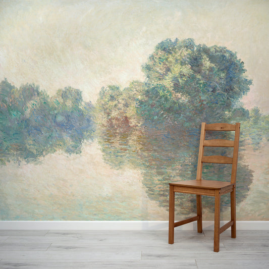 Riverbank Reflections Claude Monet The Seine Wallpaper In Room With Wooden Chair