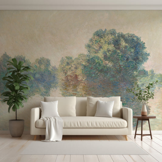 Riverbank Reflections The Seine By Claude Monet Wallpaper In Living Room With White Sofa, Cushions And Blankets With Green Tall Plants Either Side Of The Sofa