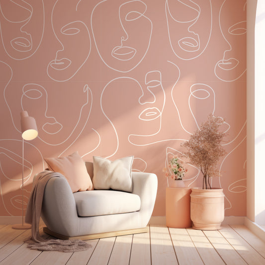 Robyn Bytte Wallpaper In Room With Grey Chair With Pastel Cushion, Lights And Vases With Flowers & Plants