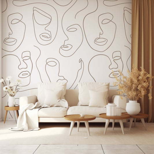 Robyn Gra Wallpaper In Living Room With Cream Sofa With Three Small Wooden Coffee Tables And Golden Curtain
