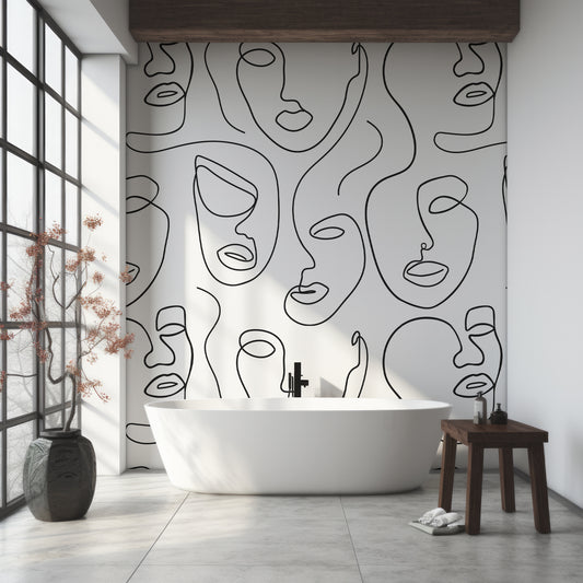 Robyn Original Wallpaper In Bathroom With Bathtub And Dark Wooden Stool And Asian Plants