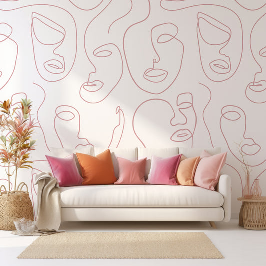 Robyn Ros Wallpaper In Living Room With White Cream Sofa & Multi-Colored Pink Cushions