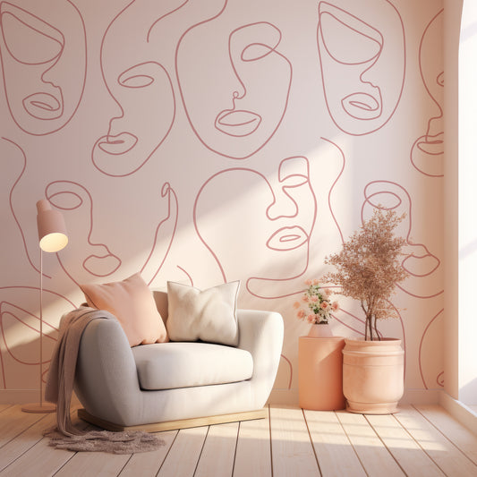 Robyn Ros Wallpaper In Room With Grey Chair With Pastel Cushion, Lights And Vases With Flowers & Plants