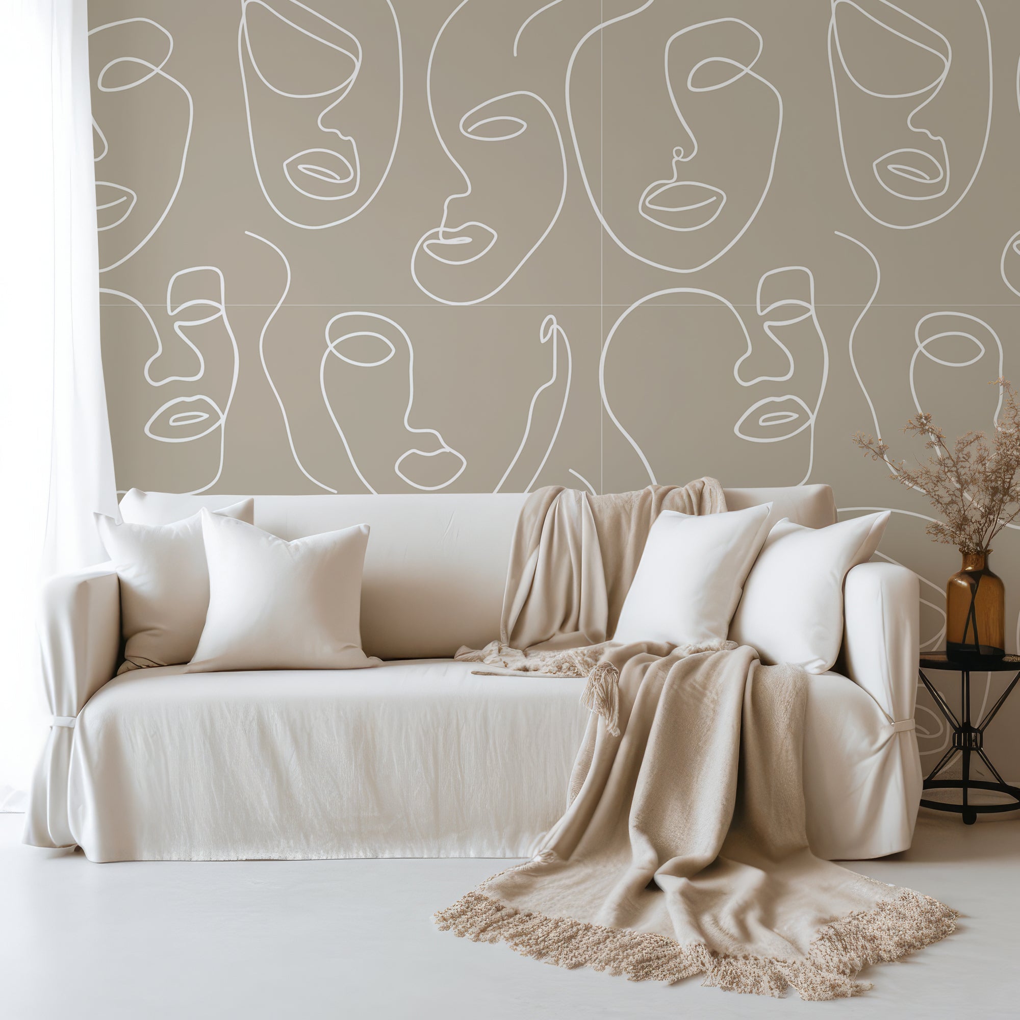 Wall Mural - White and Grey Abstract Face Line Art - Traditional Wallpaper (Paste-the-wall) - Made to Measure