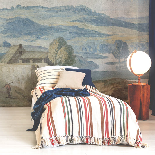 Rome Countryside Wallpaper Mural In Bedroom With Blue Stripy Bed