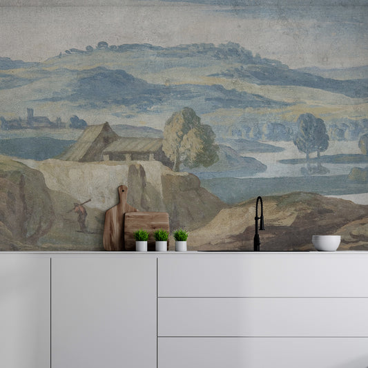 Rome Countryside Wallpaper Mural In Kitchen With White Worktops