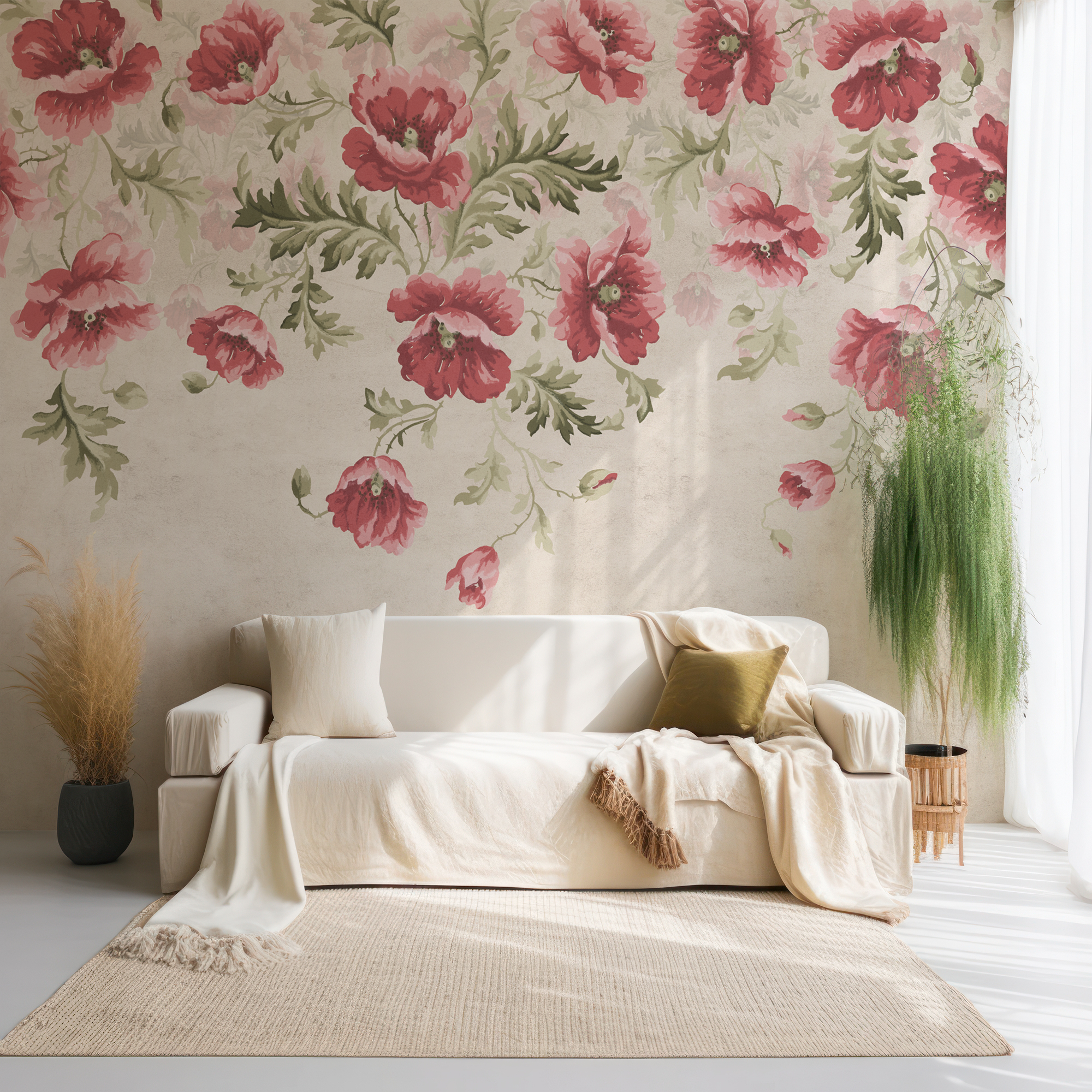 Wall Mural - Painted Trailing Poppy - Traditional Wallpaper (Paste-the-wall) - Made to Measure
