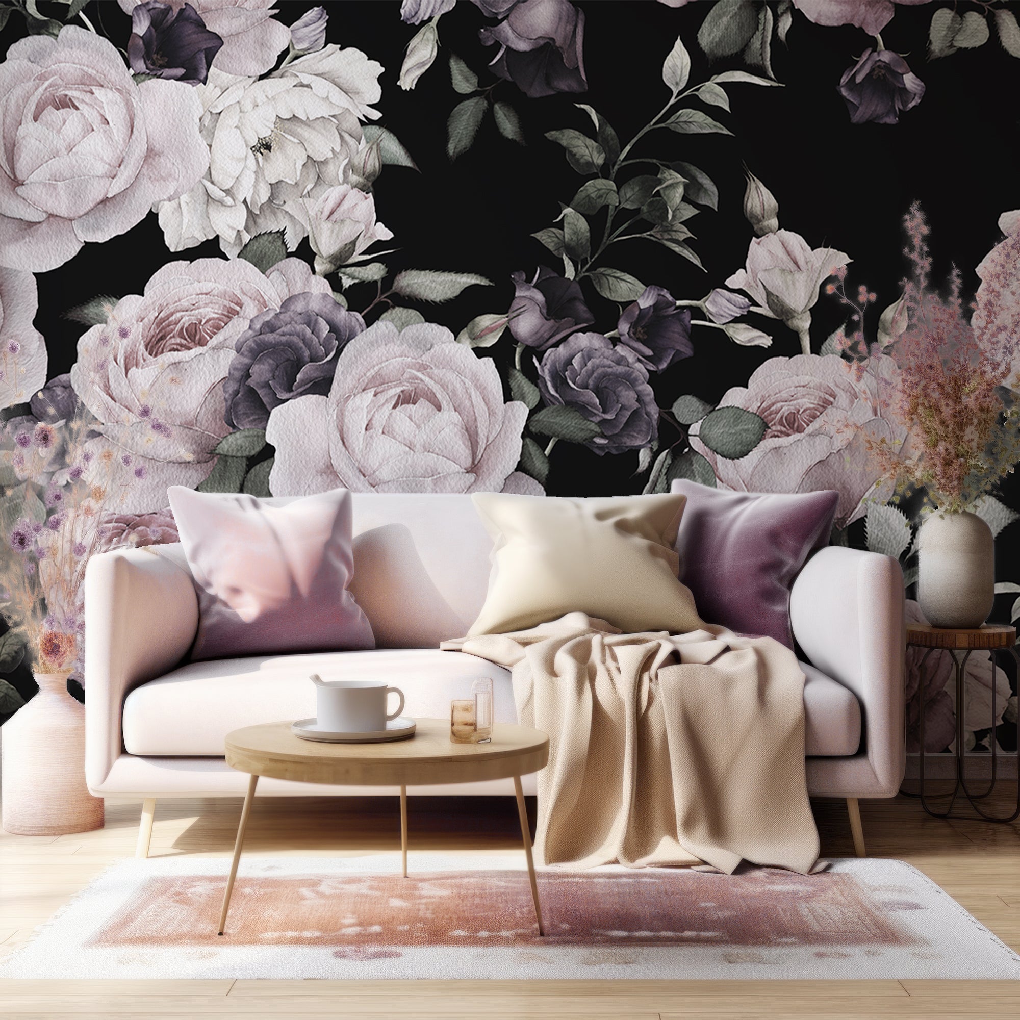 Wall Mural - Pink and Purple Dark Floral - Removable Vinyl (Peel & Stick) - Made to Measure