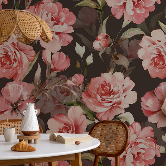 Rosewood Serenade Wallpaper In Dining Room With Wooden Table & Chairs